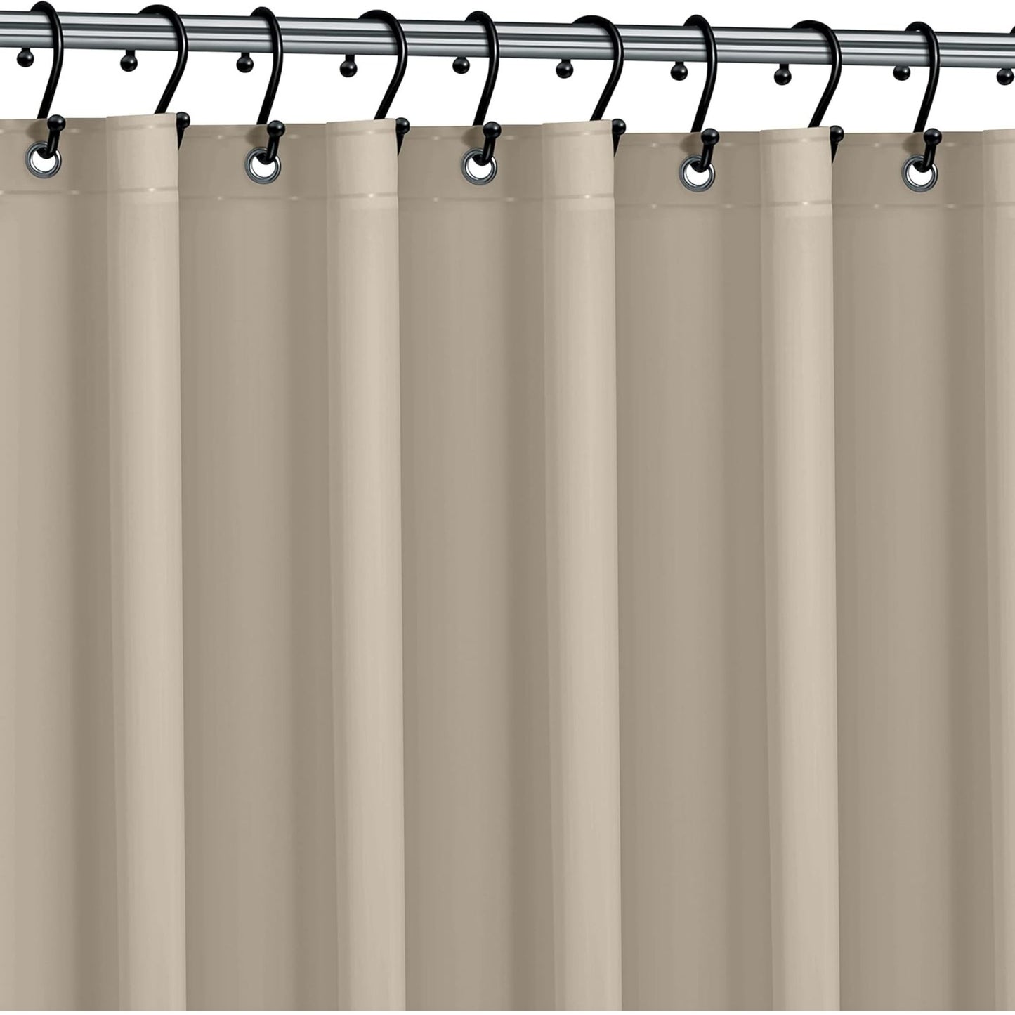 Beige shower curtain with black hooks on a silver rod