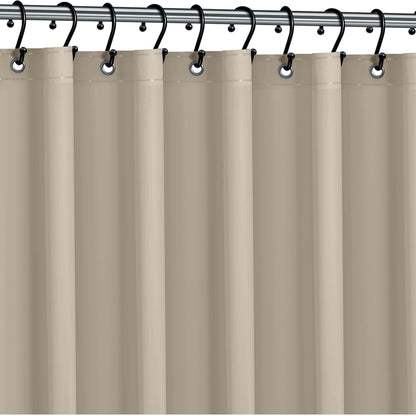 Beige shower curtain with black hooks on a silver rod