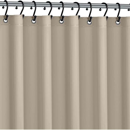 Beige shower curtain with black hooks on a silver rod