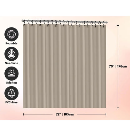 Gray shower curtain with measurement details and icons on a pink background