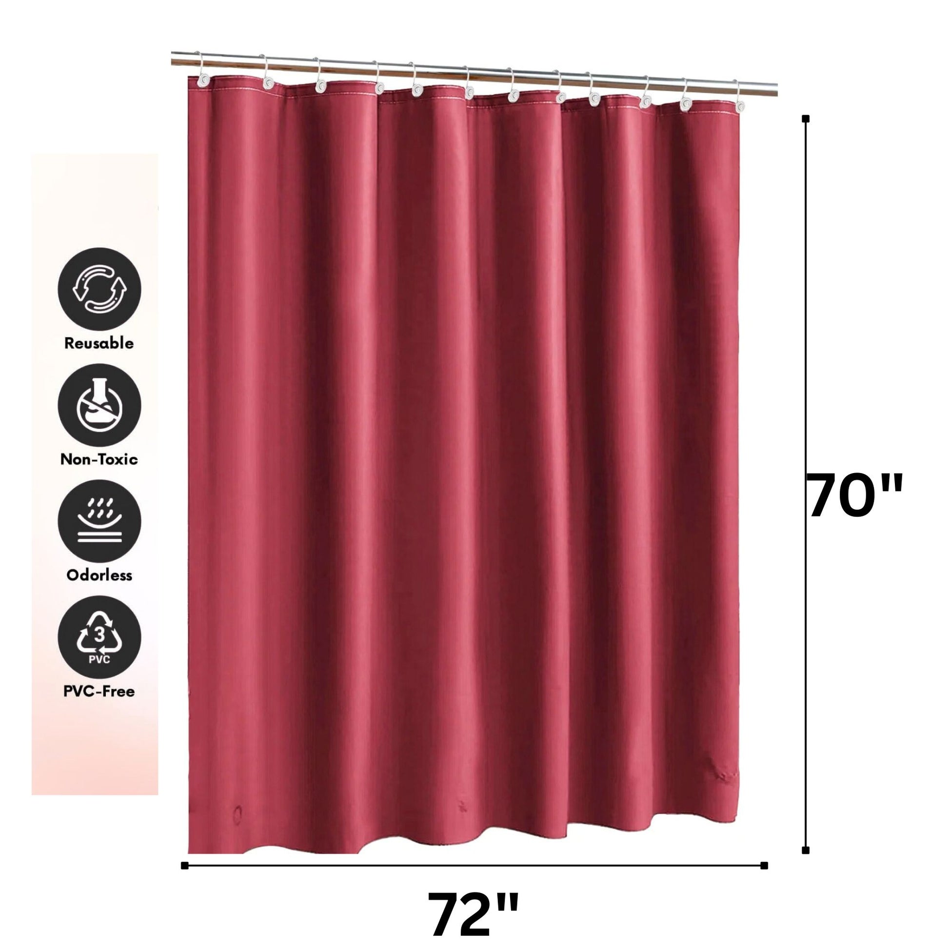 Red shower curtain with dimensions and sustainability icons on a white background