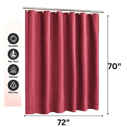 Red shower curtain with dimensions and sustainability icons on a white background