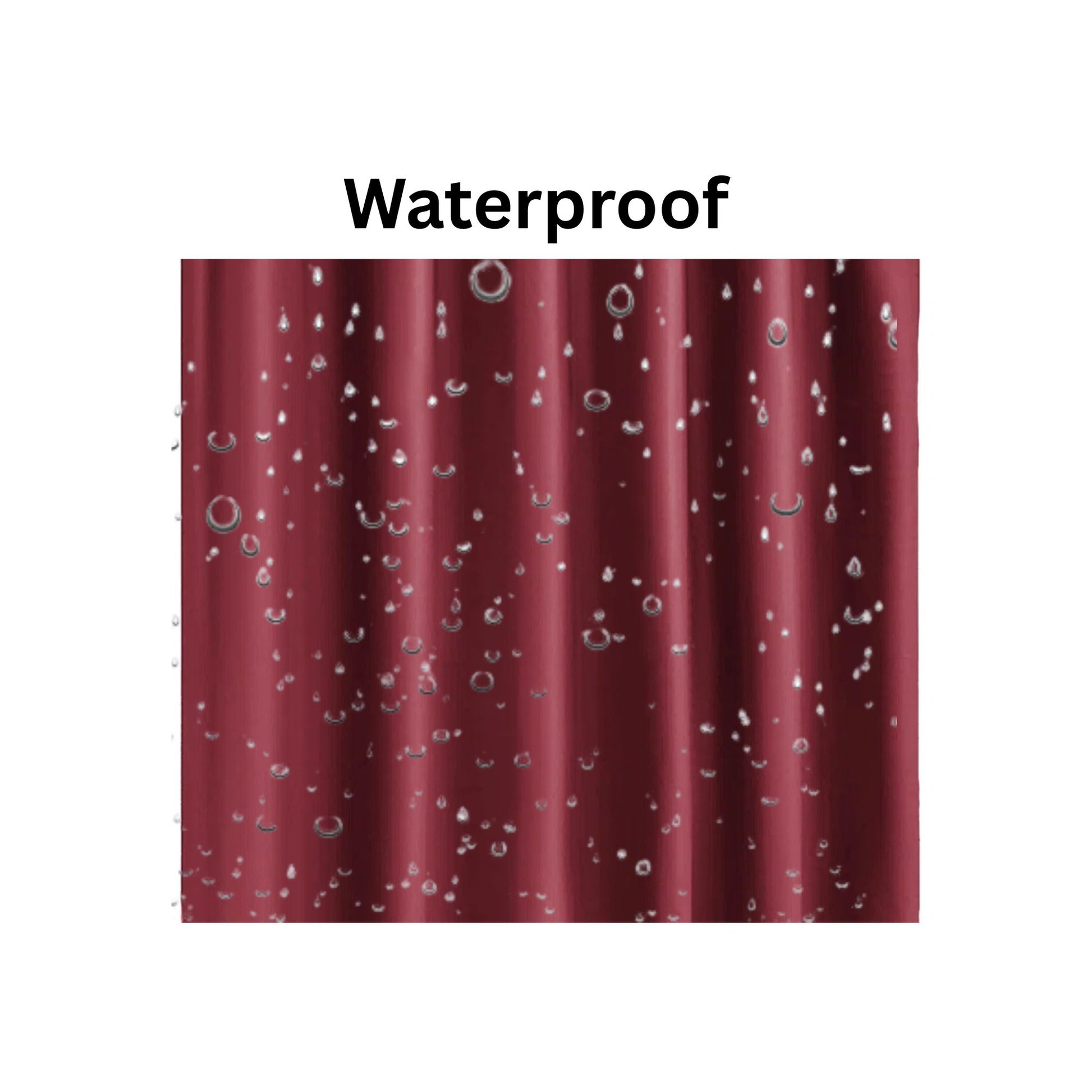 Red shower curtain with water droplets labeled 'Waterproof' on a white background