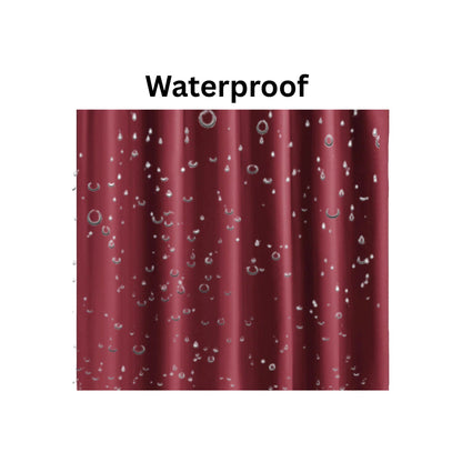 Red shower curtain with water droplets labeled 'Waterproof' on a white background