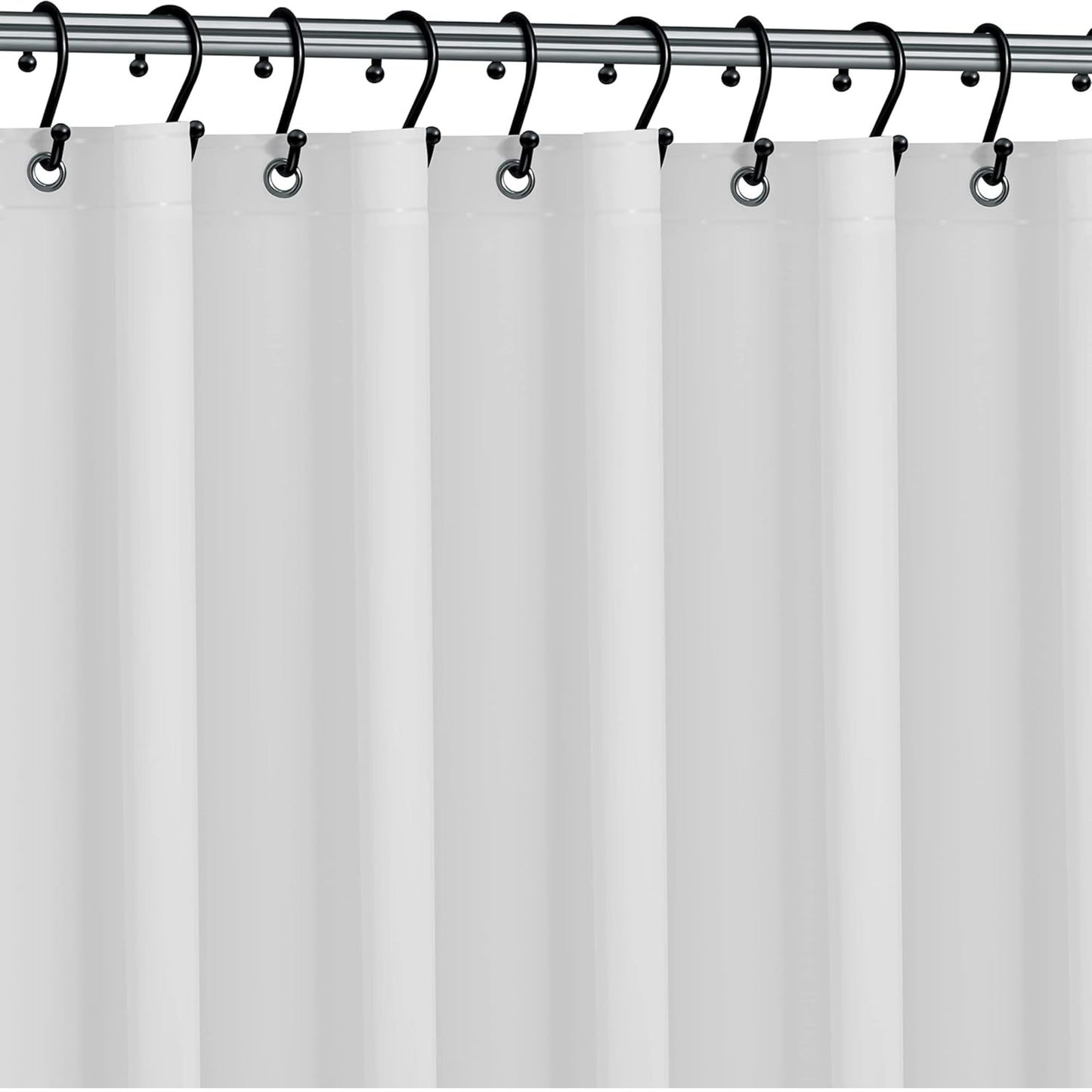White shower curtain with black hooks on a silver rod