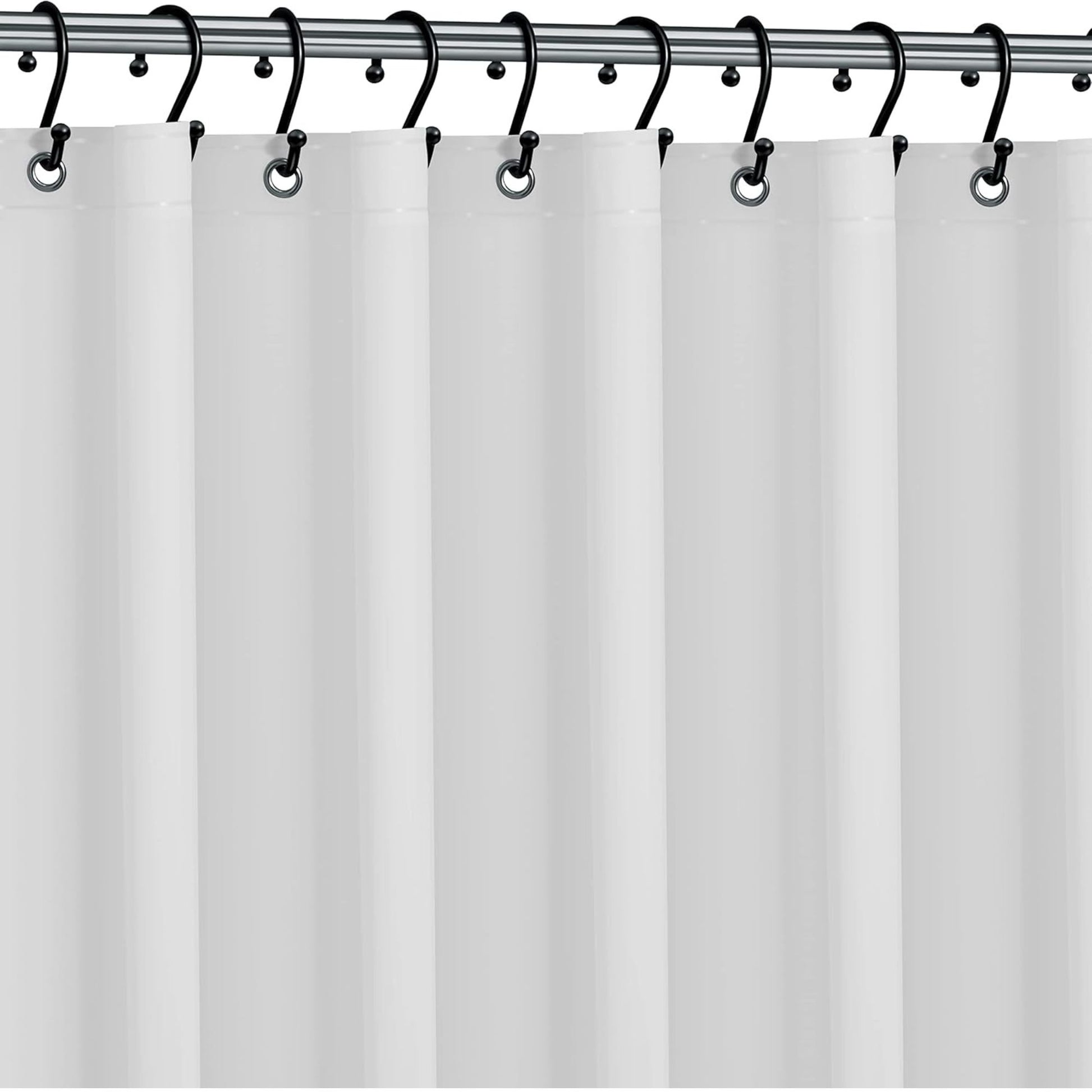 White shower curtain with black hooks on a silver rod