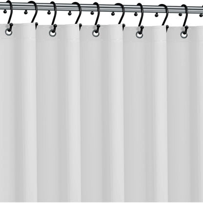 White shower curtain with black hooks on a silver rod