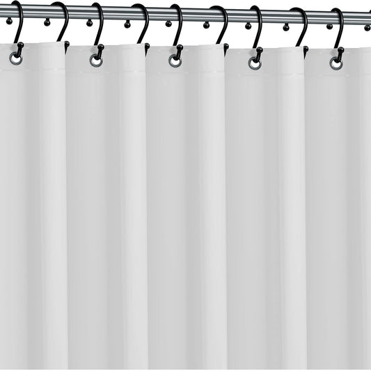 White shower curtain with black hooks on a silver rod