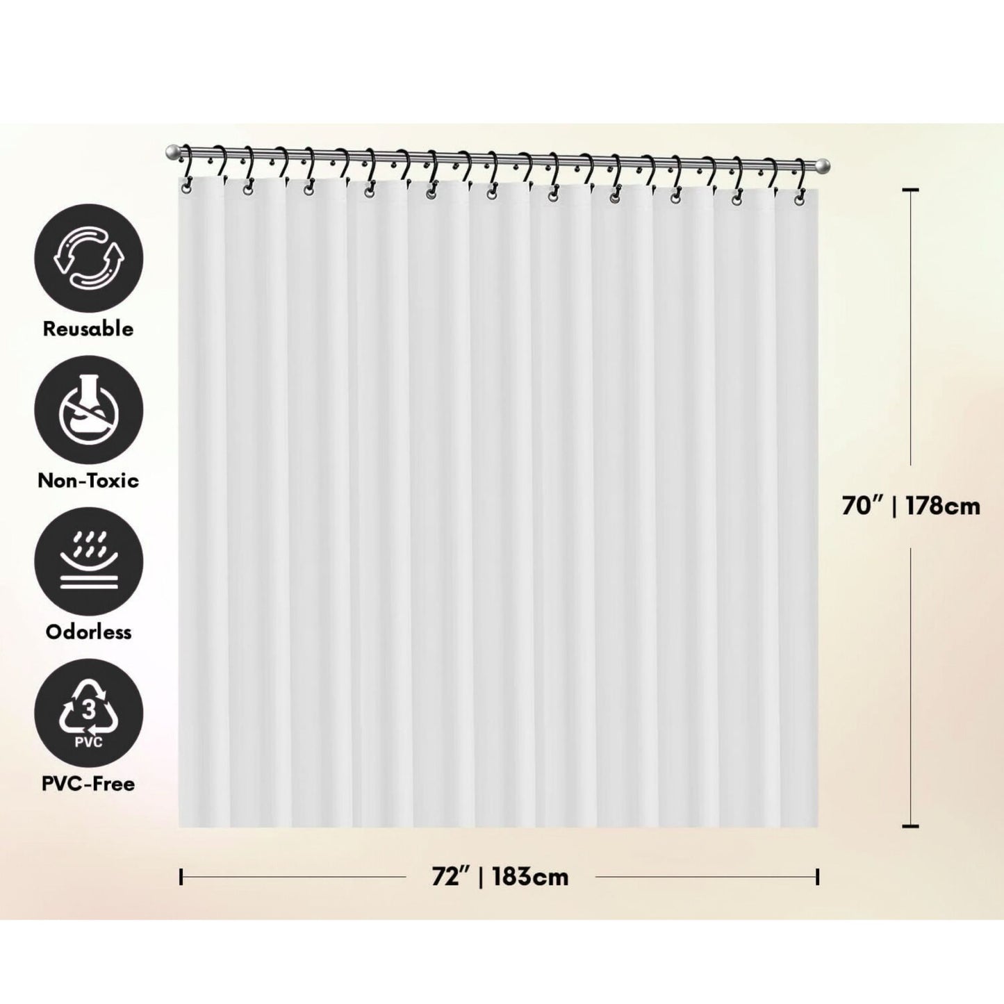 White shower curtain with measurement details and sustainability icons on a beige background