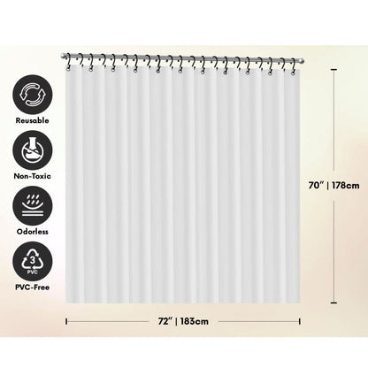 White shower curtain with measurement details and sustainability icons on a beige background
