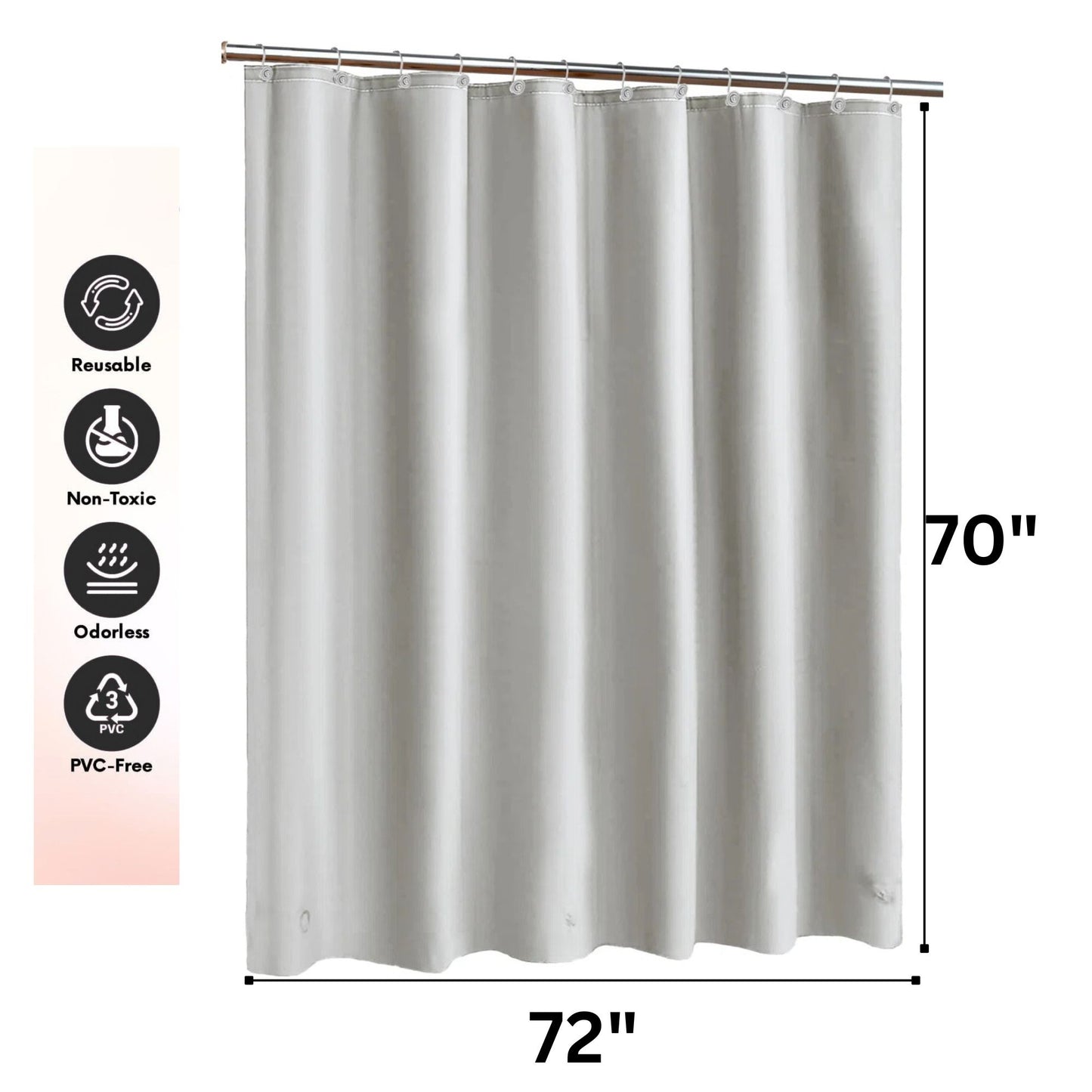 Gray shower curtain with dimensions and icons indicating features on a white background