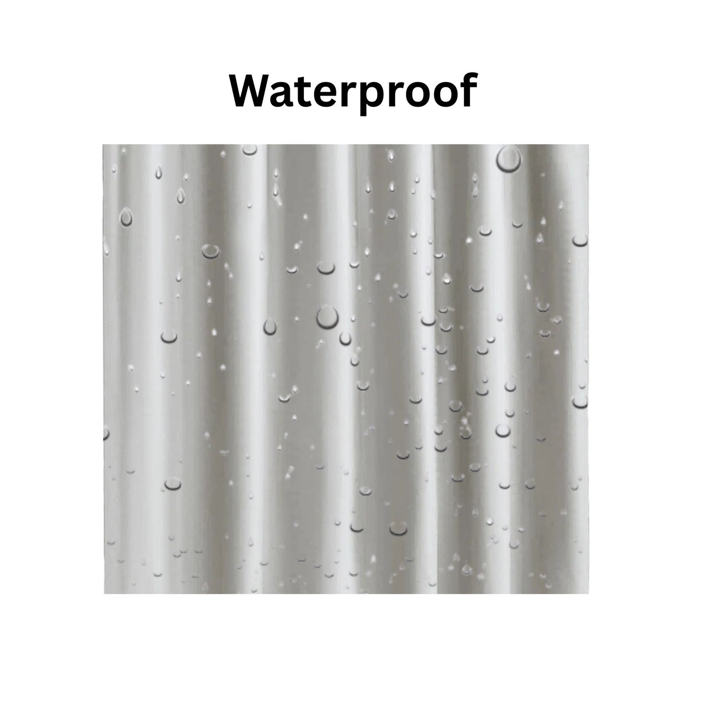 Shower curtain with water droplets labeled 'Waterproof' on a white background