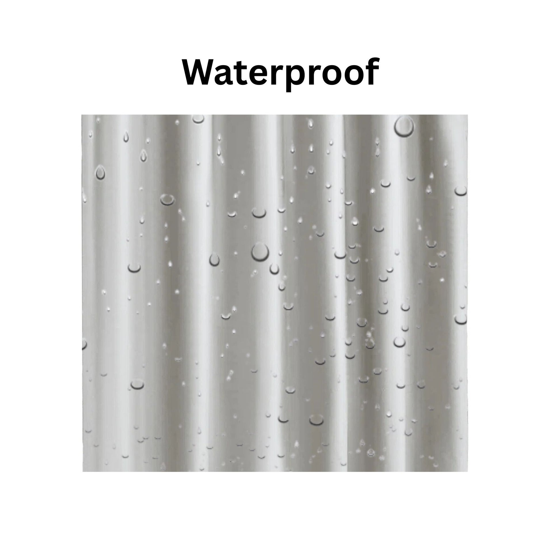 Shower curtain with water droplets labeled 'Waterproof' on a white background