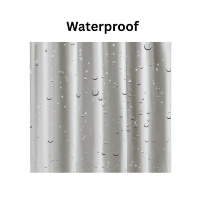 Shower curtain with water droplets labeled 'Waterproof' on a white background