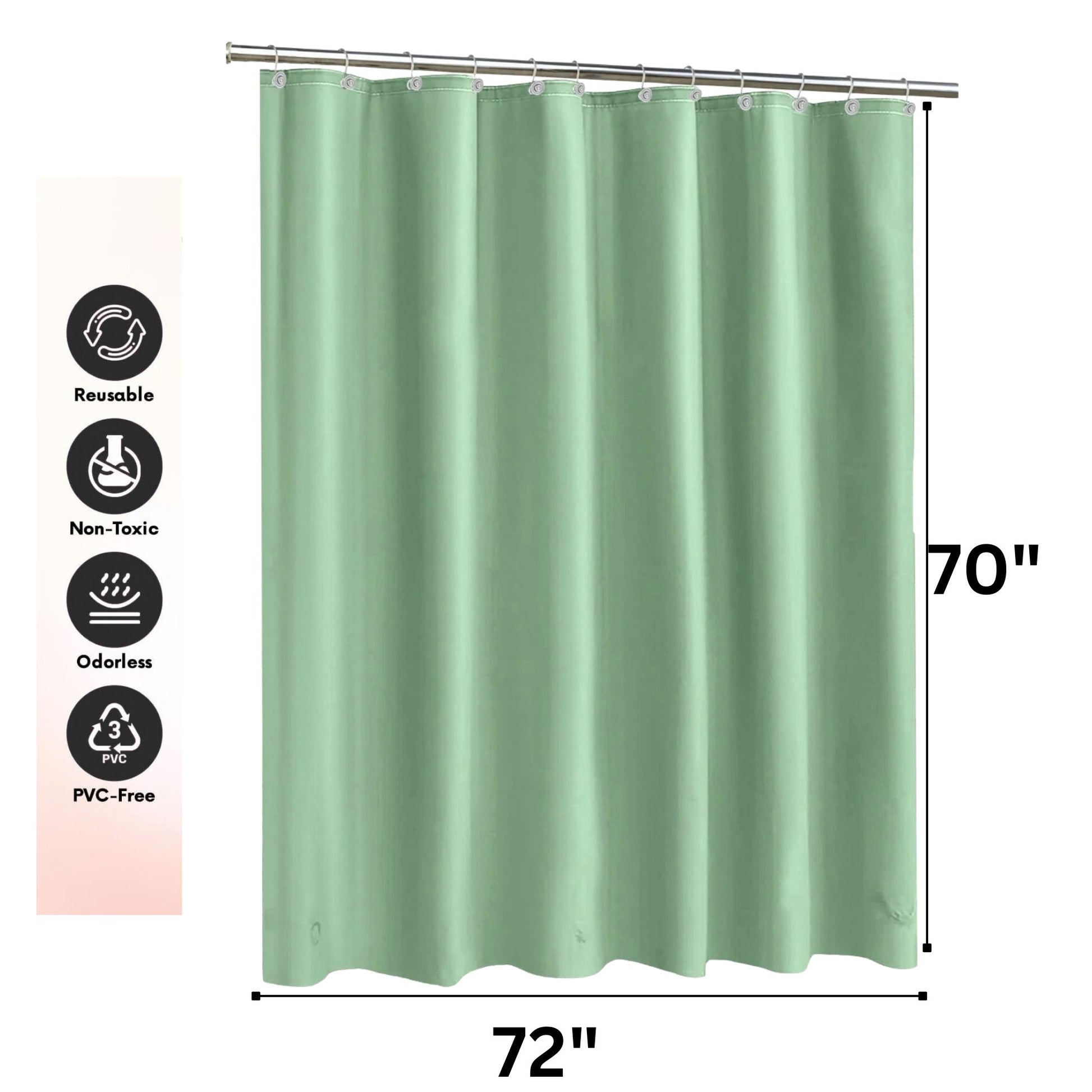 Green shower curtain with dimensions and eco-friendly icons on a white background