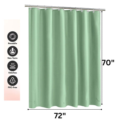 Green shower curtain with dimensions and eco-friendly icons on a white background