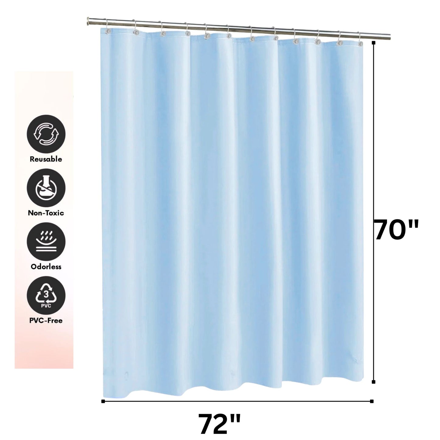 Light blue shower curtain with dimensions and feature icons on a white background
