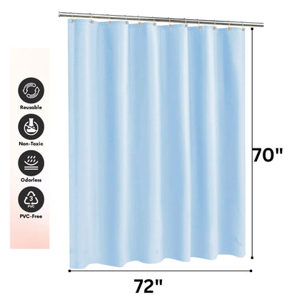 Light blue shower curtain with dimensions and feature icons on a white background