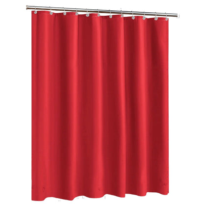 Red shower curtain with a metal rod on a white background