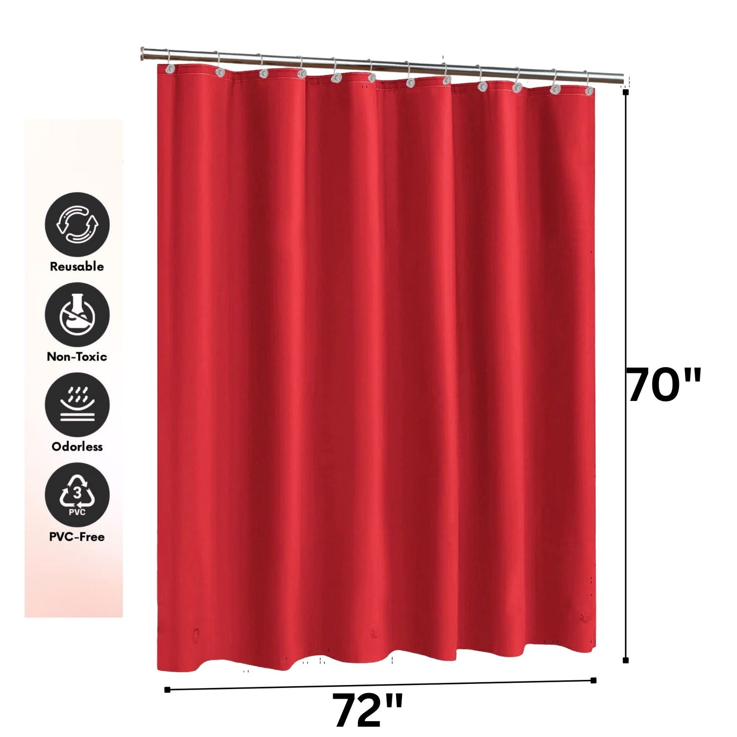 Red shower curtain with dimensions and eco-friendly icons on a white background
