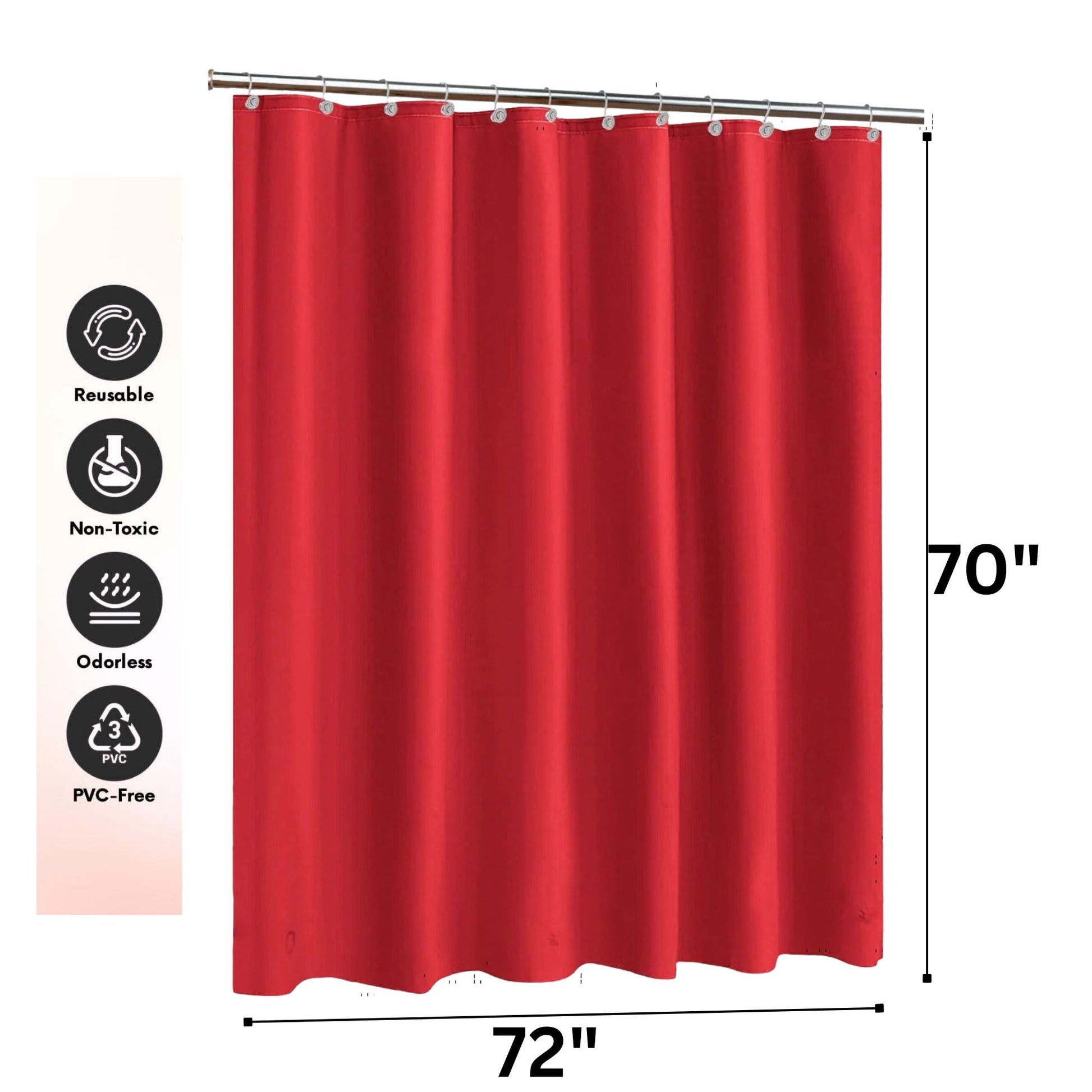 Red shower curtain with dimensions and eco-friendly icons on a white background