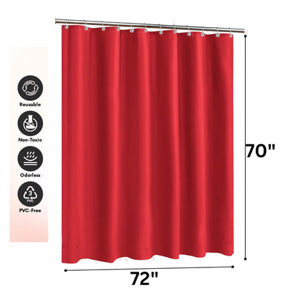 Red shower curtain with dimensions and eco-friendly icons on a white background