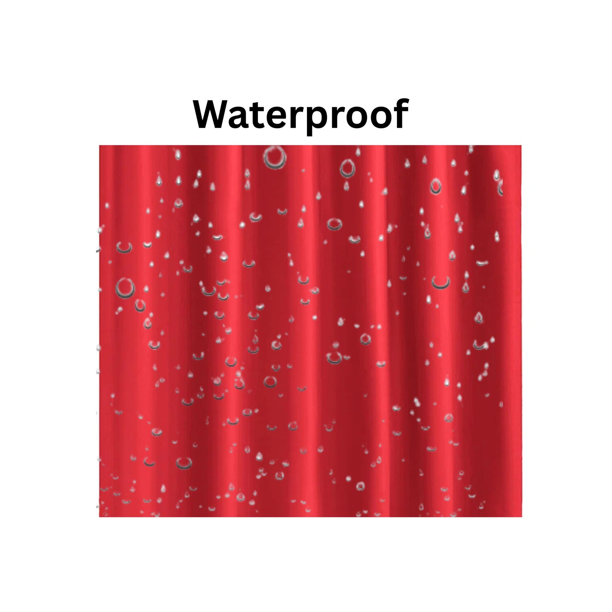 Red shower curtain with water droplets labeled 'Waterproof' on a white background