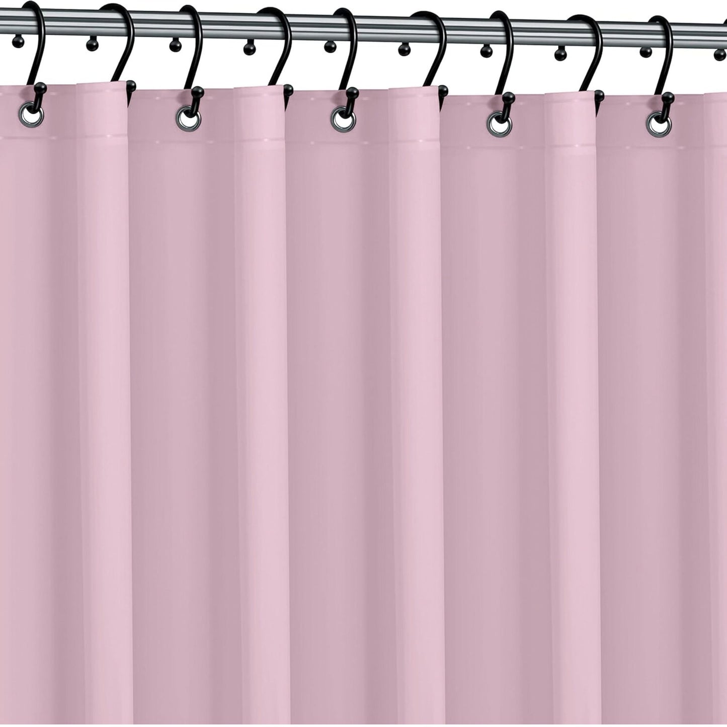 Pink shower curtain with hooks on a rod