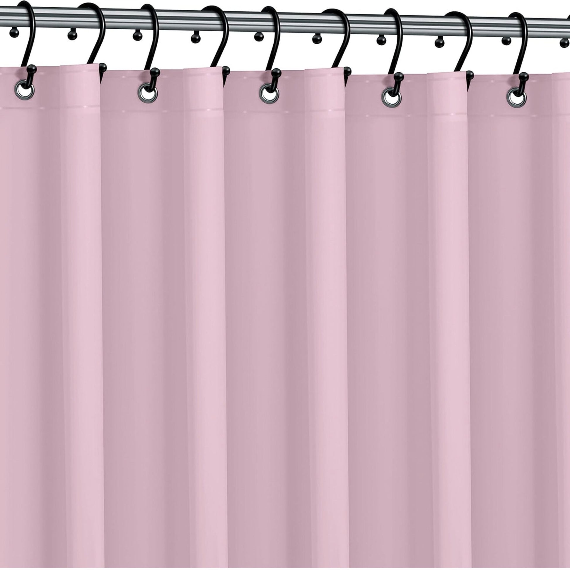 Pink shower curtain with hooks on a rod