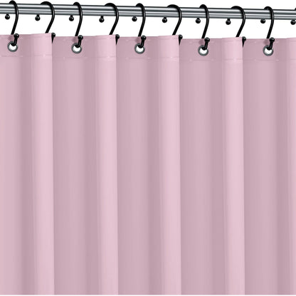 Pink shower curtain with hooks on a rod