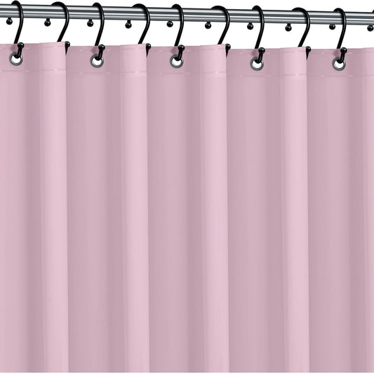 Pink shower curtain with hooks on a rod