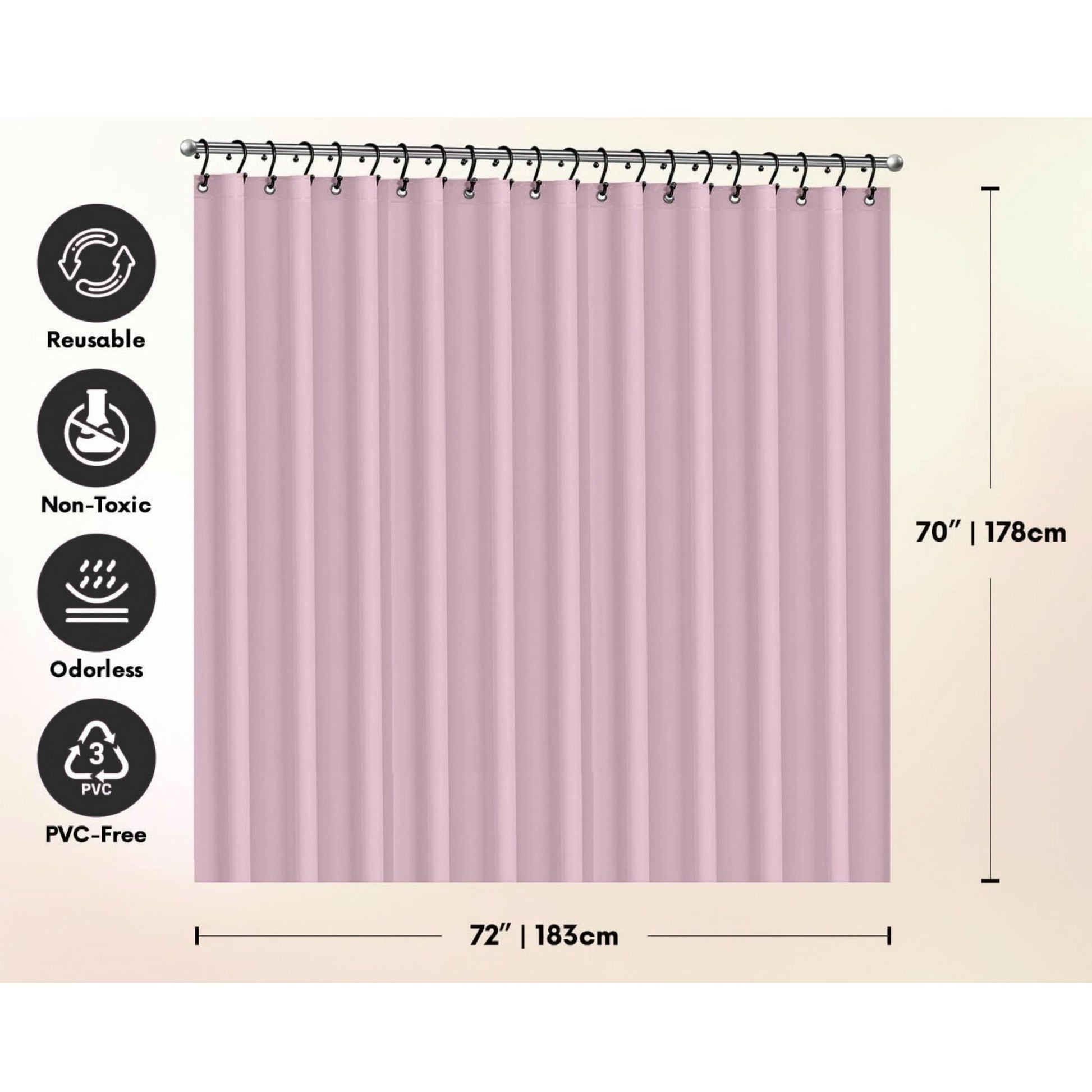 Purple shower curtain with measurement details and sustainability icons on a beige background