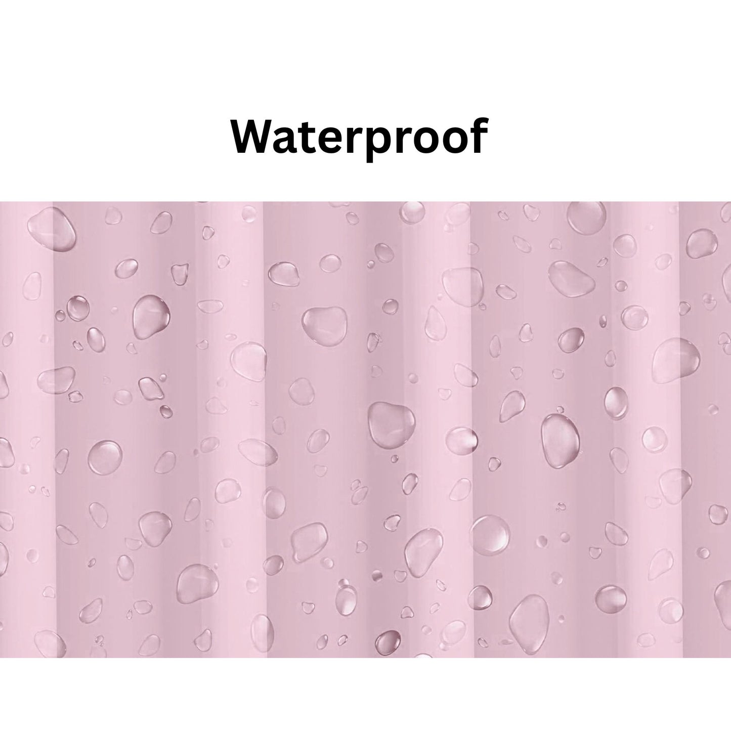 Pink striped fabric with water droplets and 'Waterproof' text