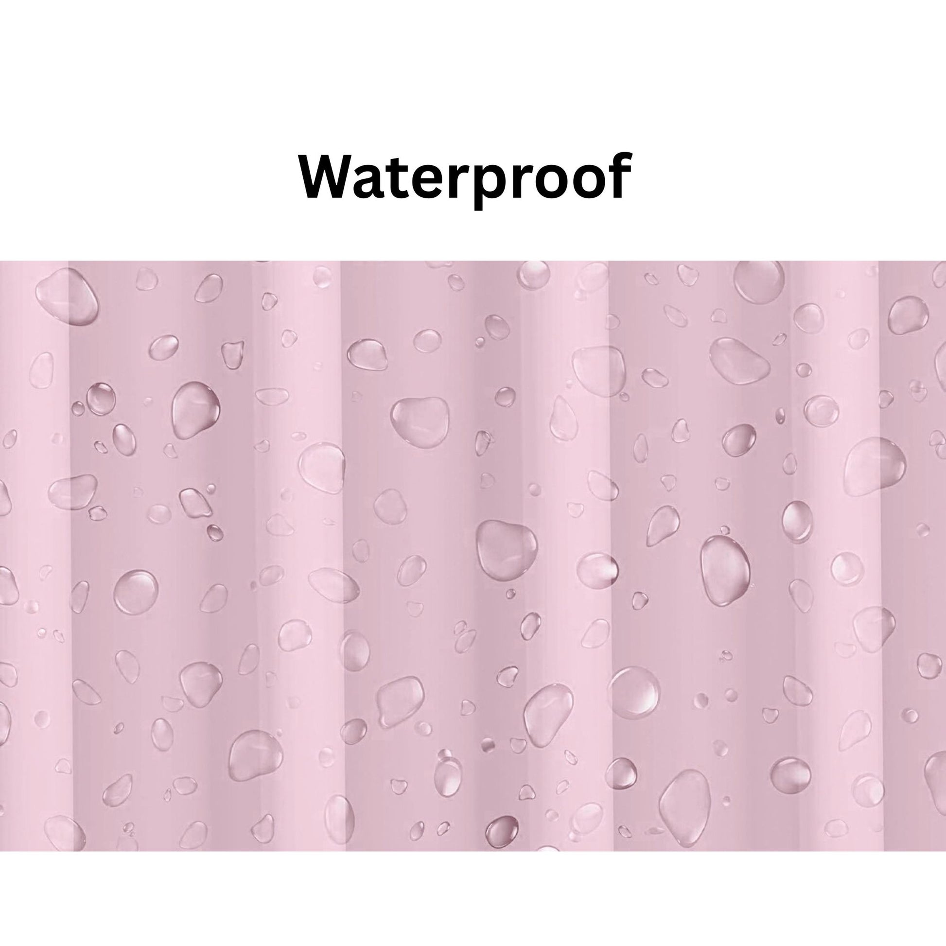 Pink striped fabric with water droplets and 'Waterproof' text