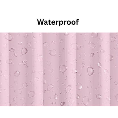 Pink striped fabric with water droplets and 'Waterproof' text