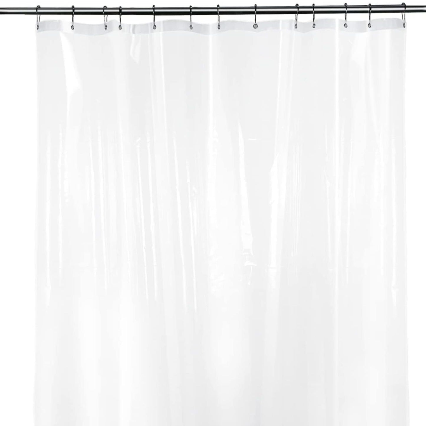 Clear shower curtain on a rod with a white background