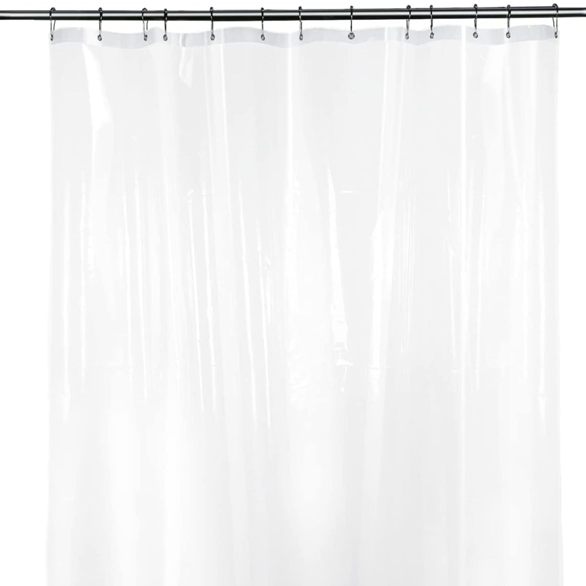 Clear shower curtain on a rod with a white background