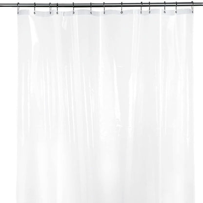 Clear shower curtain on a rod with a white background
