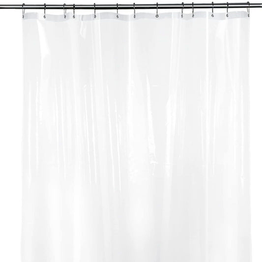 Clear shower curtain on a rod with a white background