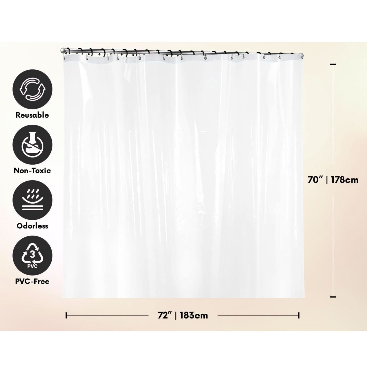 Clear shower curtain with dimensions and sustainability icons on a beige background