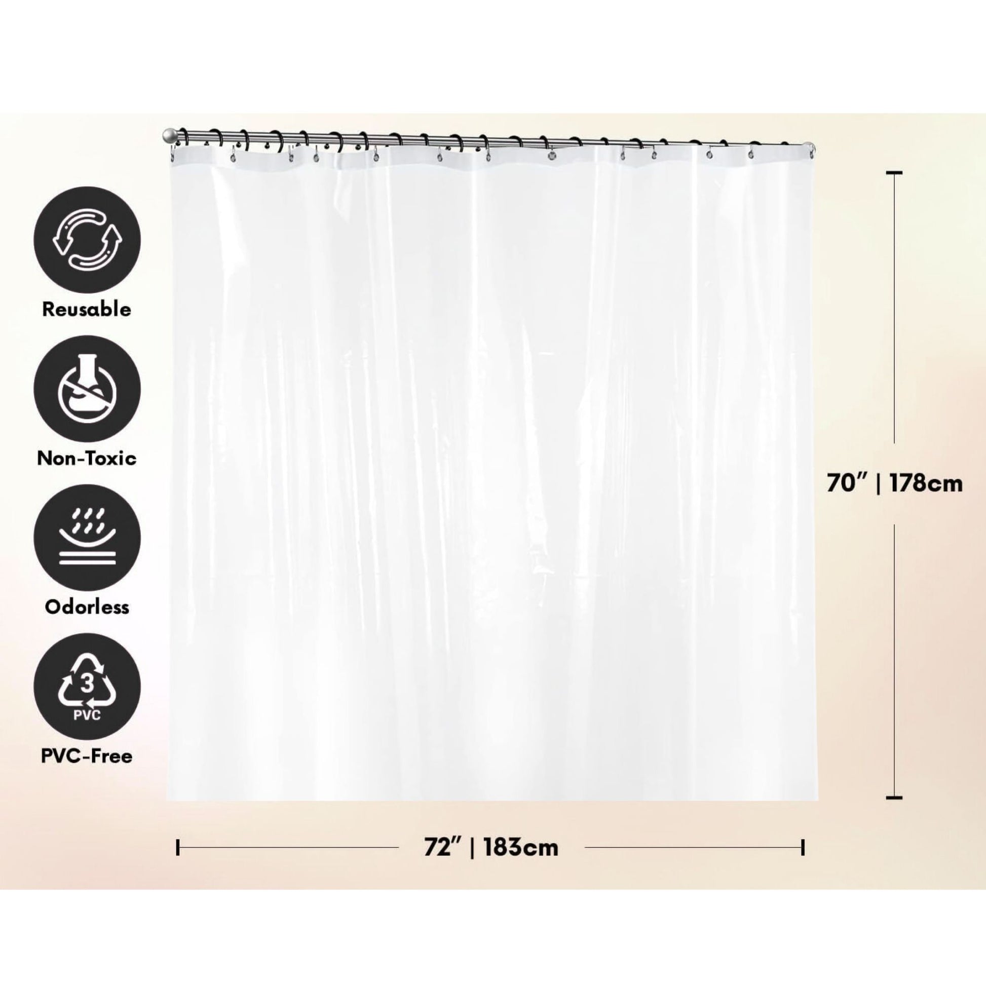 Clear shower curtain with dimensions and sustainability icons on a beige background