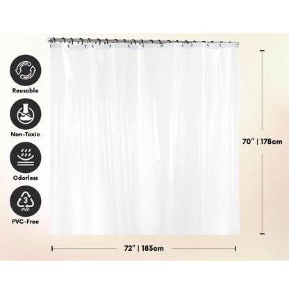Clear shower curtain with dimensions and sustainability icons on a beige background