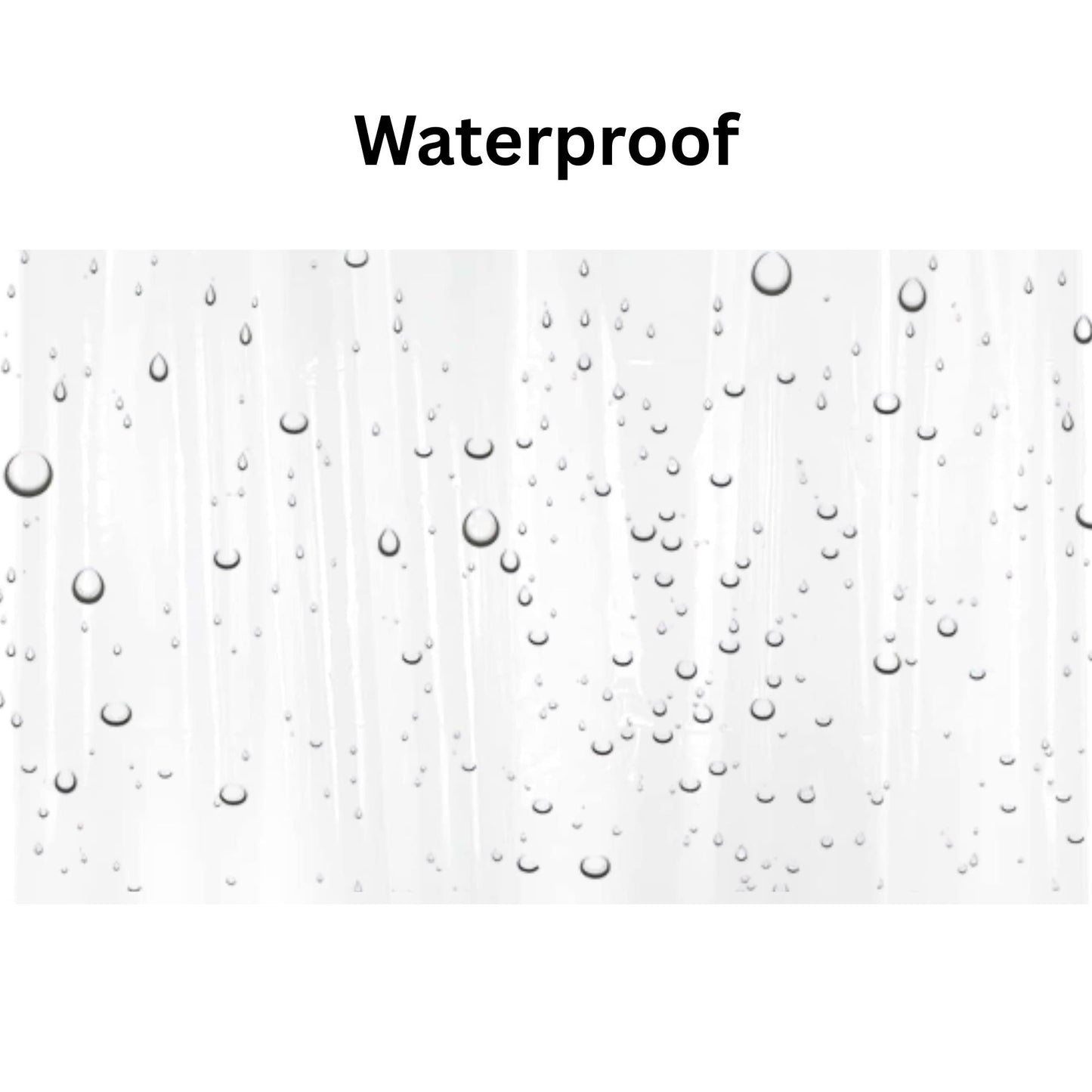 Text 'Waterproof' with water droplets on a white background