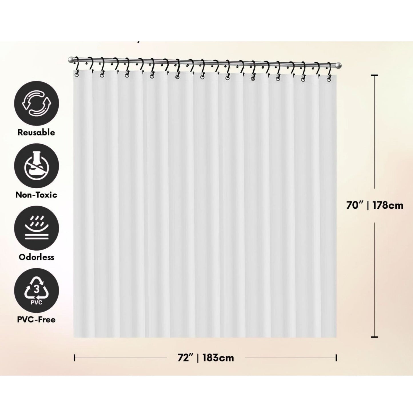 White shower curtain with dimensions and sustainability icons on a beige background