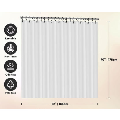 White shower curtain with dimensions and sustainability icons on a beige background