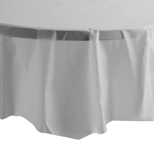 84'' Silver Round TableCloth Plastic Disposable Tablecovers Tablecloths Round size and feature image