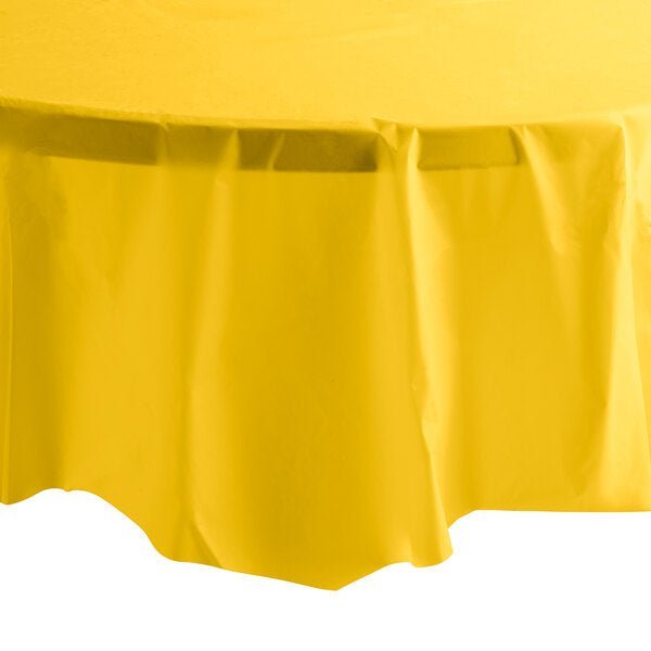 84'' Sunshine Yellow Round TableCloth Plastic Disposable Tablecovers Tablecloths Round size and feature image