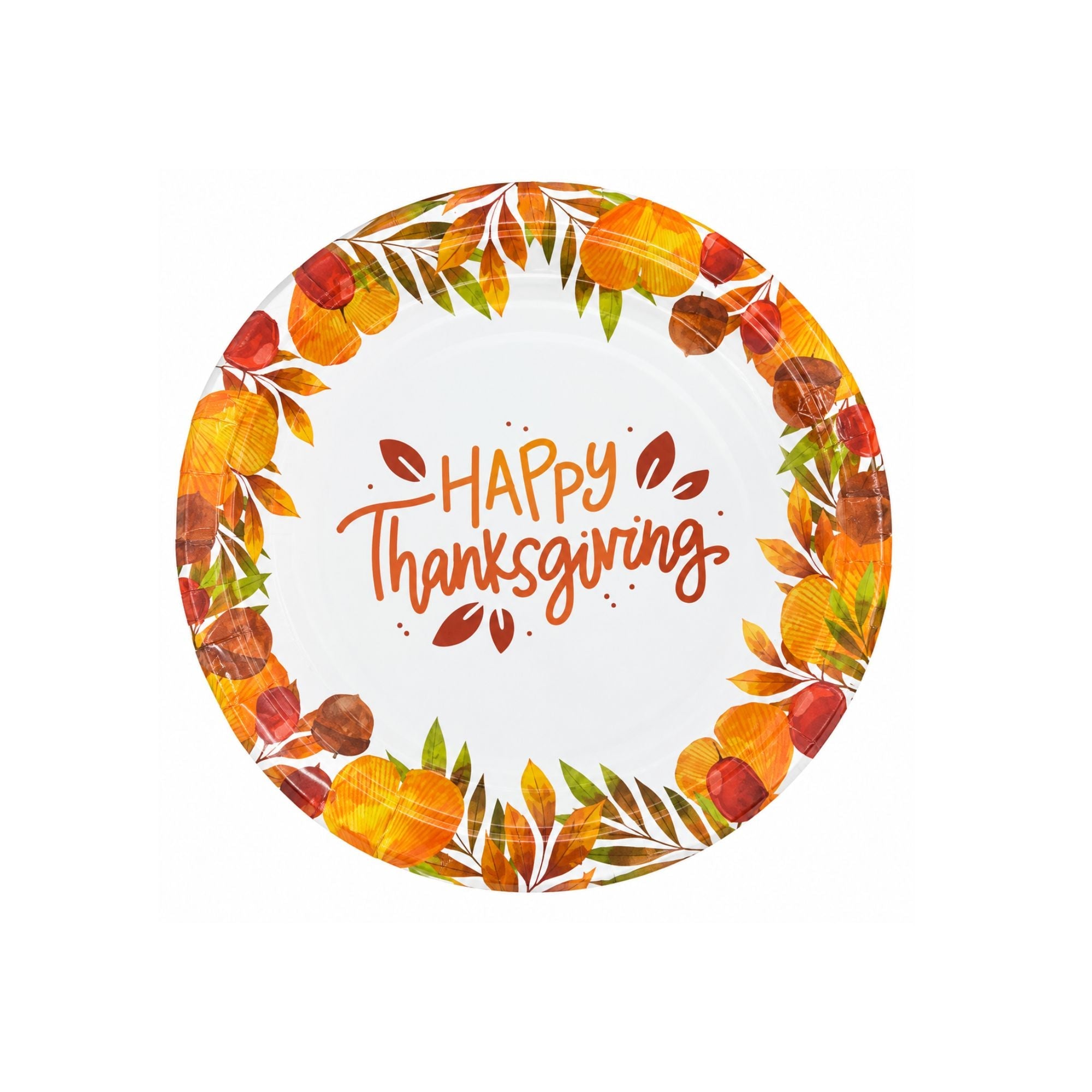A round white paper plate decorated with a colorful autumn wreath of pumpkins, leaves, and pinecones, featuring the words 'HAPPY Thanksgiving' in orange script in the center, isolated on a white background.