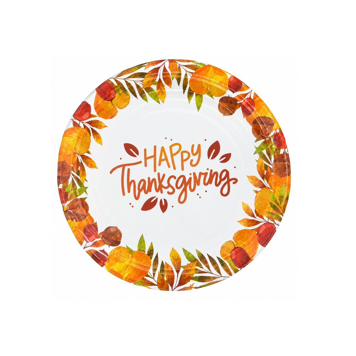 A round white paper plate decorated with a colorful autumn wreath of pumpkins, leaves, and pinecones, featuring the words 'HAPPY Thanksgiving' in orange script in the center, isolated on a white background.