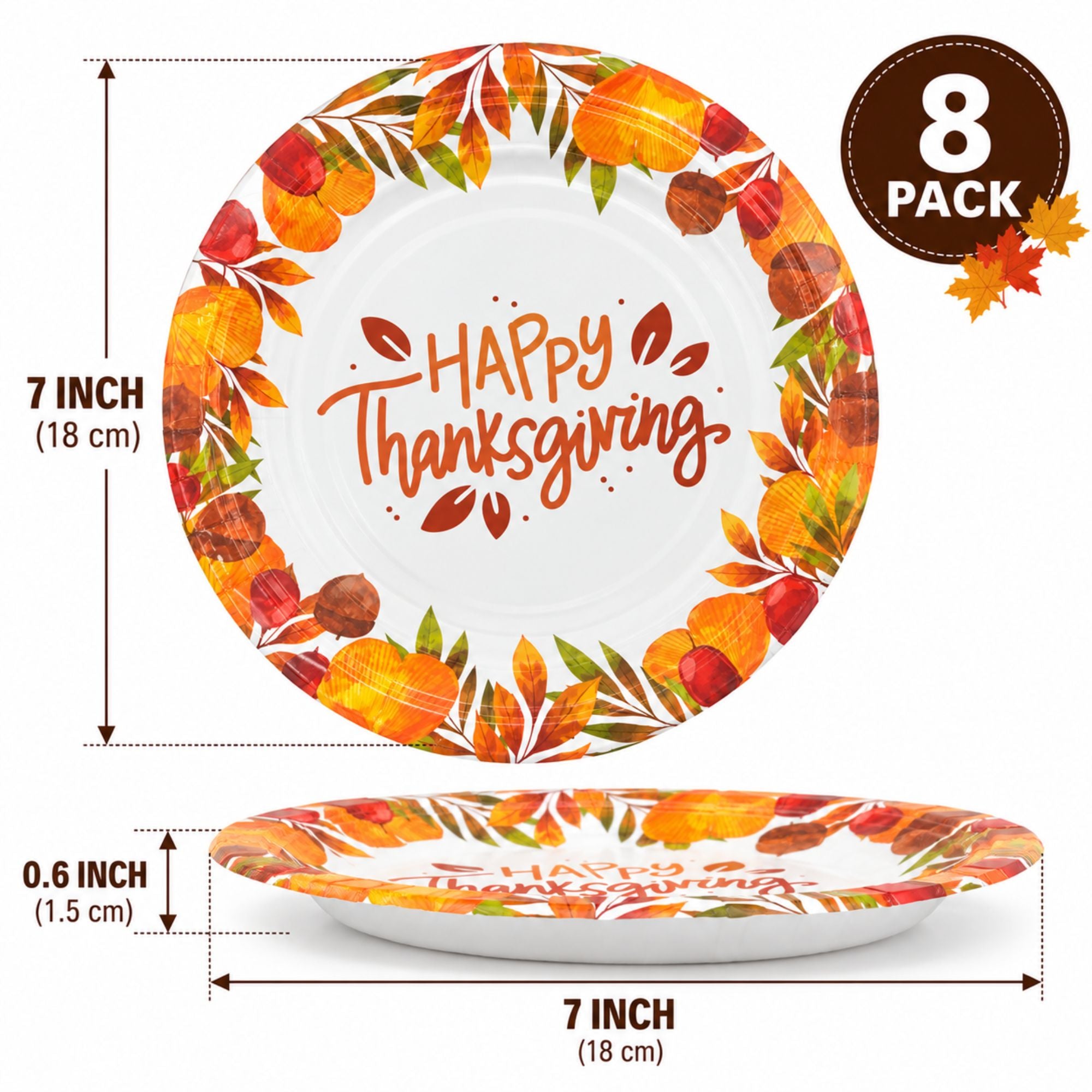 An oval Thanksgiving party plate with a colorful autumn leaf border and the words 'HAPPY Thanksgiving' in orange script on a white background.